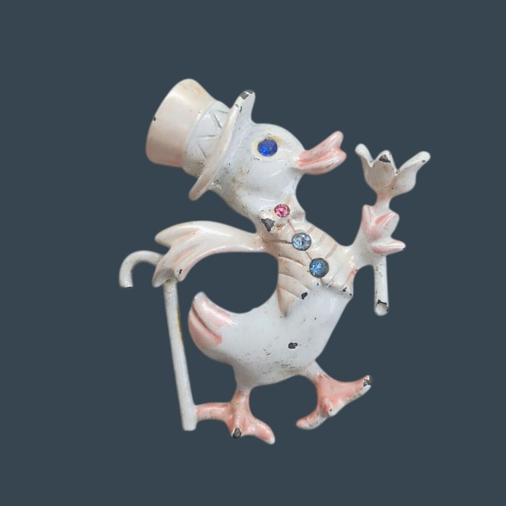 Vintage BJ Enamel Duck Brooch Pin w/Cane & Top Hat White w/Rhinestones 2"